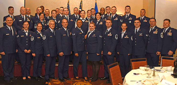 Group photo of Ohio Air National Guard recipients, senior leaders and attendees at the awards banquet.