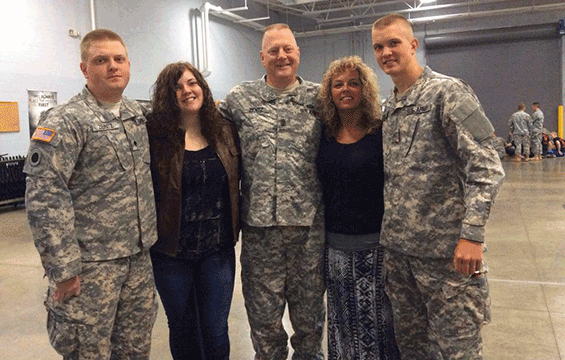 The Zentz Family, Jordon (from left), Mikayla, Jeff, April and Jaaron, stand for a photo about four years ago. Sgt. Maj. Zentz has deployed six times in the last 10 years, and his sons were deployed at the same time he was in 2017
