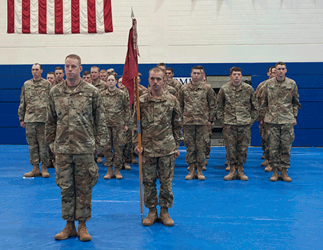 Soldiers with Battery C, 1st Battalion, 174th Air Defense Artillery Regiment, Ohio Army National Guard stand in formation 