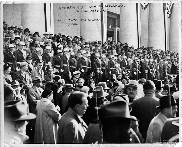 Historic black and white photo of Guard on steps of the Ohio Capital building for inauguration.