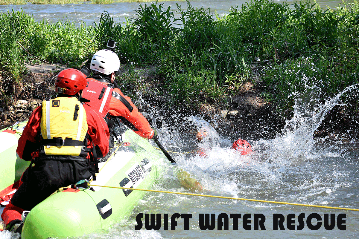 Airmen in raft approach person struggling in rapid water for rescue. Headline reads: Swift Water Rescue