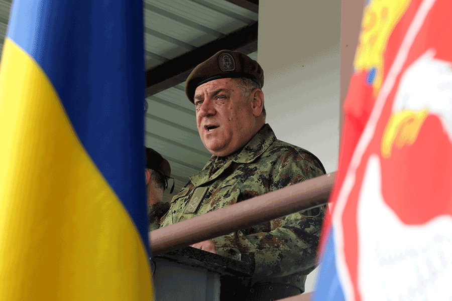 Serbian Armed Forces Brig. Gen. Slobodan Stopa addresses Soldiers from stage