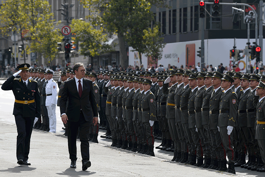 Serbian President Aleksander Vučić inspects the cadets during the annual graduation ceremony.