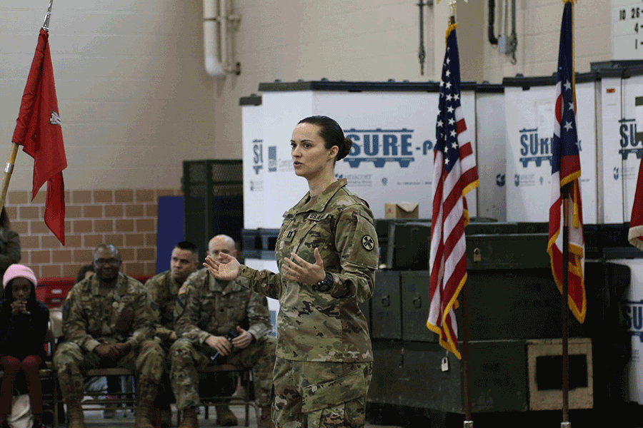 Capt. Jill Hoffman addresses Soldiers.