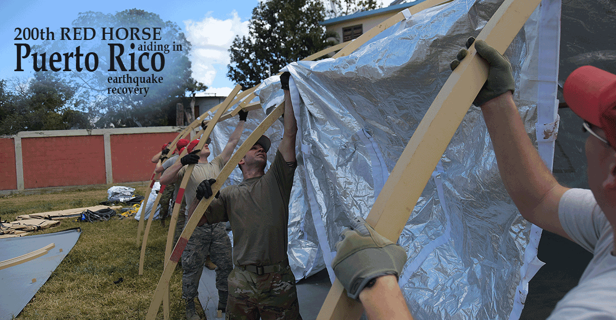 Airmen assemble tents at a campsite.
