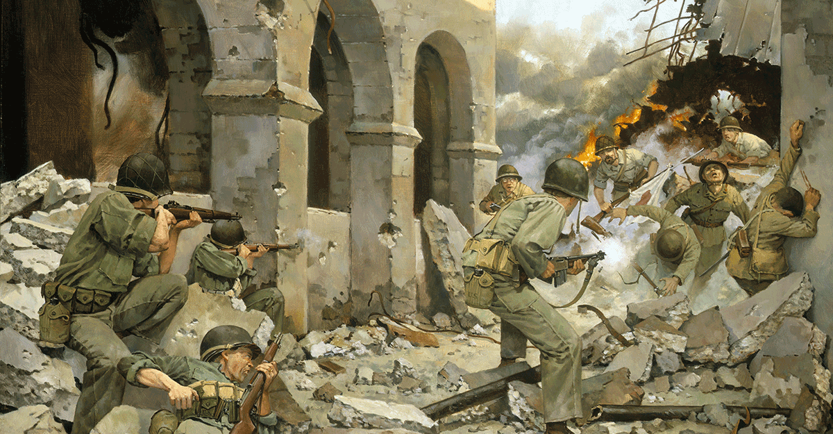 Painting depicts the action of Pvt. Billy E. Vinson who fought off a bayonet attack by six Japanese rifleman