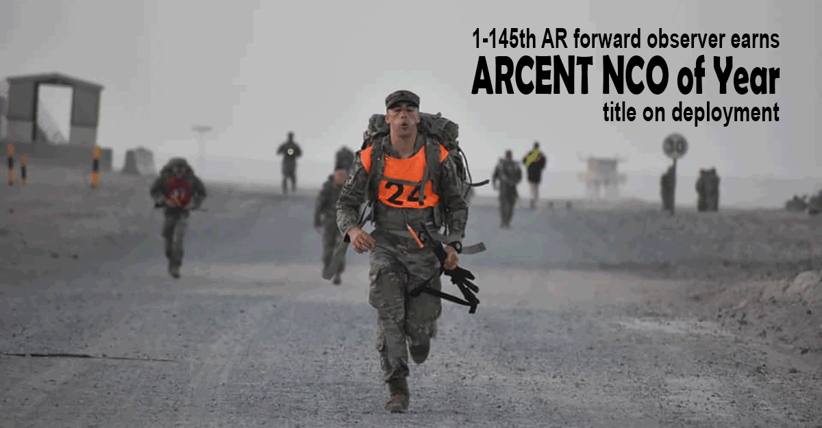 Amsden in full gear, rifle in hand, doning an orange vest with the number 24, running on road during competition.