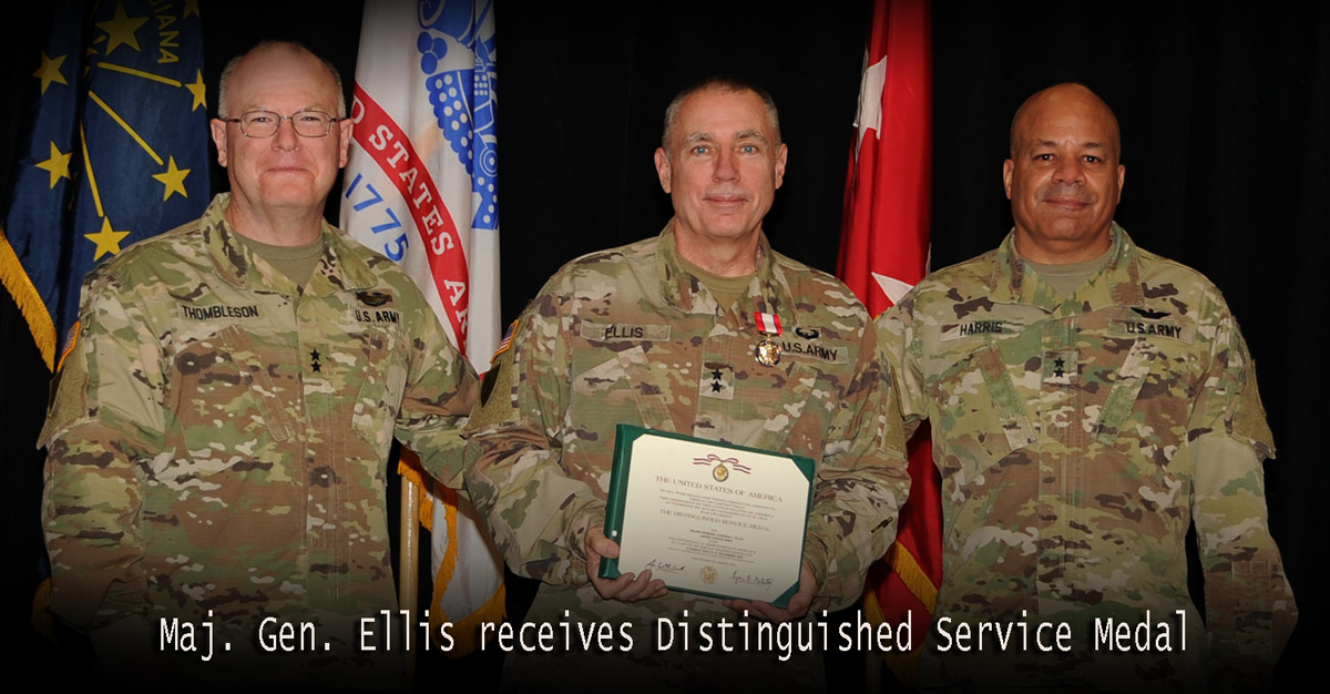 Retired Maj. Gen. Gordon L. Ellis (center) receives the Distinguished Service Medal from Maj. Gen. Tim Thombleson (left), commanding general of the 38th Infantry Division, and Maj. Gen. John C. Harris, Ohio adjutant general.

