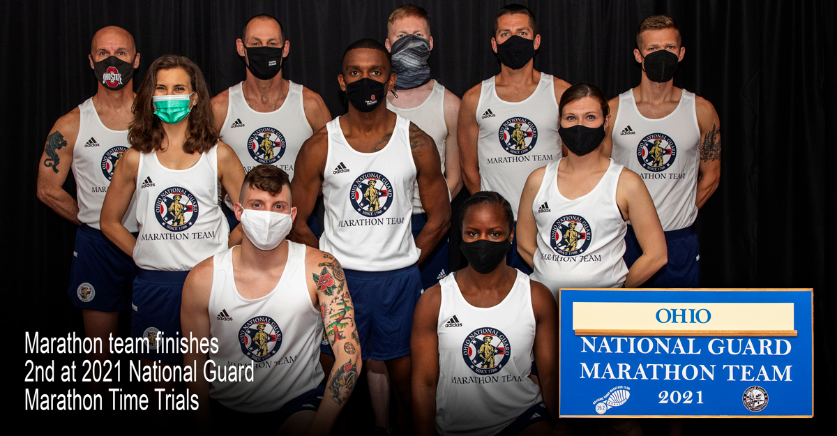 Group shop of marathon team in track uniforms and masks.