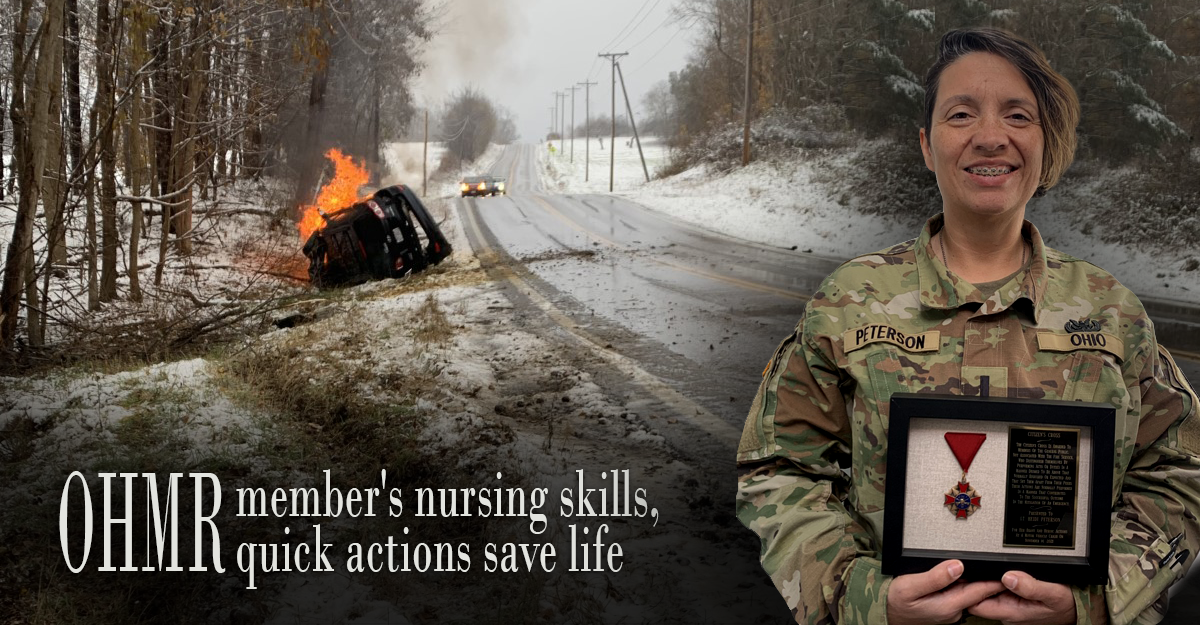 Snowy country road with car on fire with visable tracks from where it slid off road, and female Soldier in uniform super-imposed holding award.