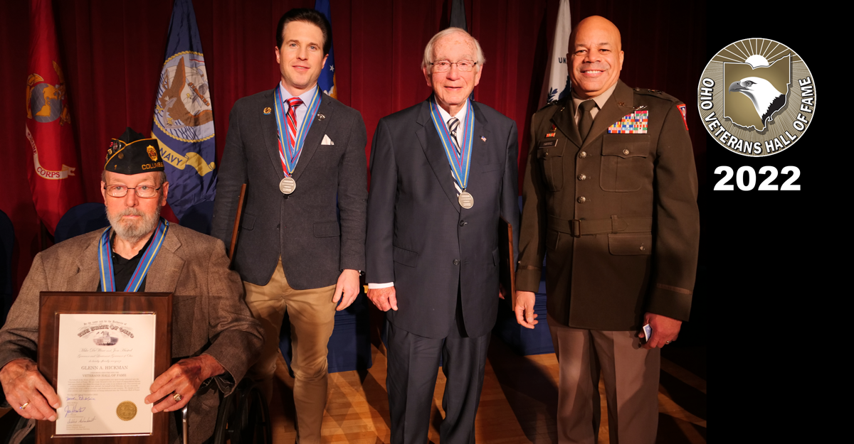 Three Hall of Fame vetrans pose with Ohio Adjutant General.