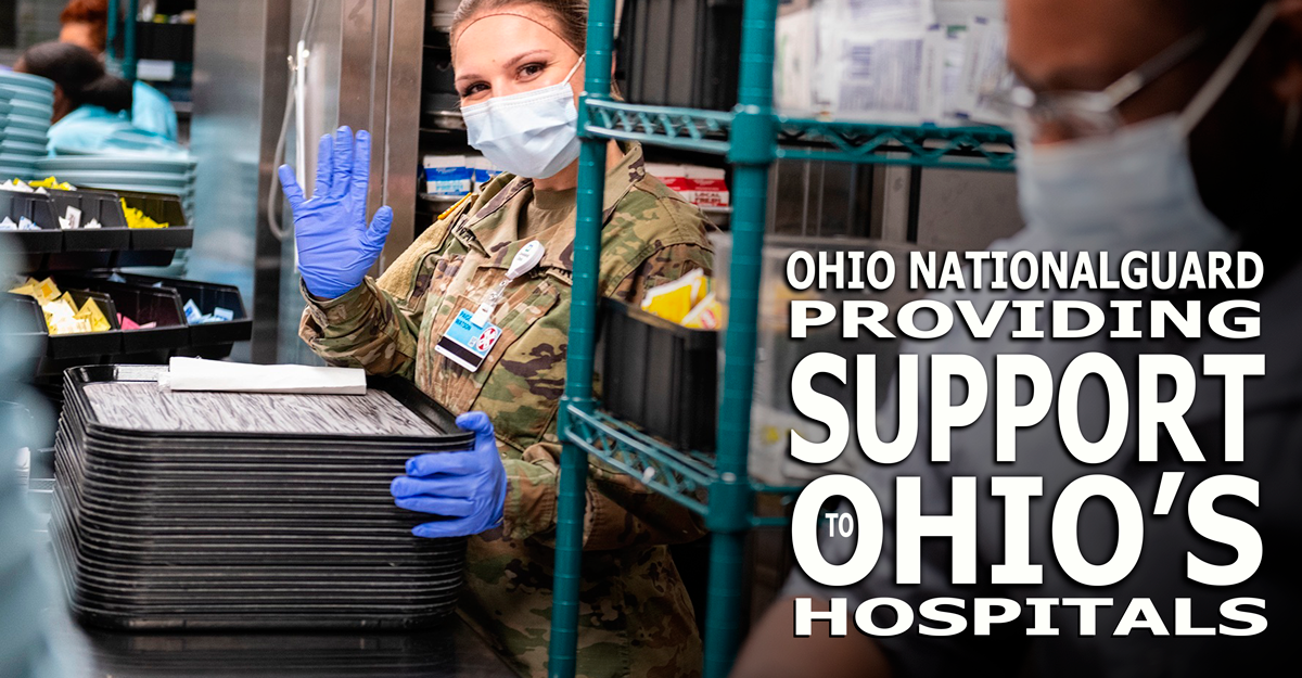 Ohio Army National Guard Spc. Paige Watson helps augment hospital food and nutrition services staff Dec. 28, 2021, at the Cleveland Clinic main campus in Cleveland. At the direction of Gov. Mike DeWine, Ohio National Guard members have been activated to support hospitals throughout Ohio that are currently strained due to the surge of COVID-19 patients. (Photo by Shawn Green, Cleveland Clinic)