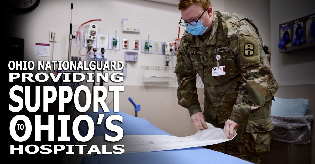 Ohio Army National Guard Spc. Nicholas Deltedesco helps augment hospital staff Dec. 29, 2021, at Mount Carmel East in Columbus, Ohio. At the direction of Gov. Mike DeWine, the Ohio National Guard is providing medical and support personnel to aid Ohio hospitals that are strained due to the increase in people needing medical treatment for COVID-19. (Photo courtesy of Mount Carmel East)