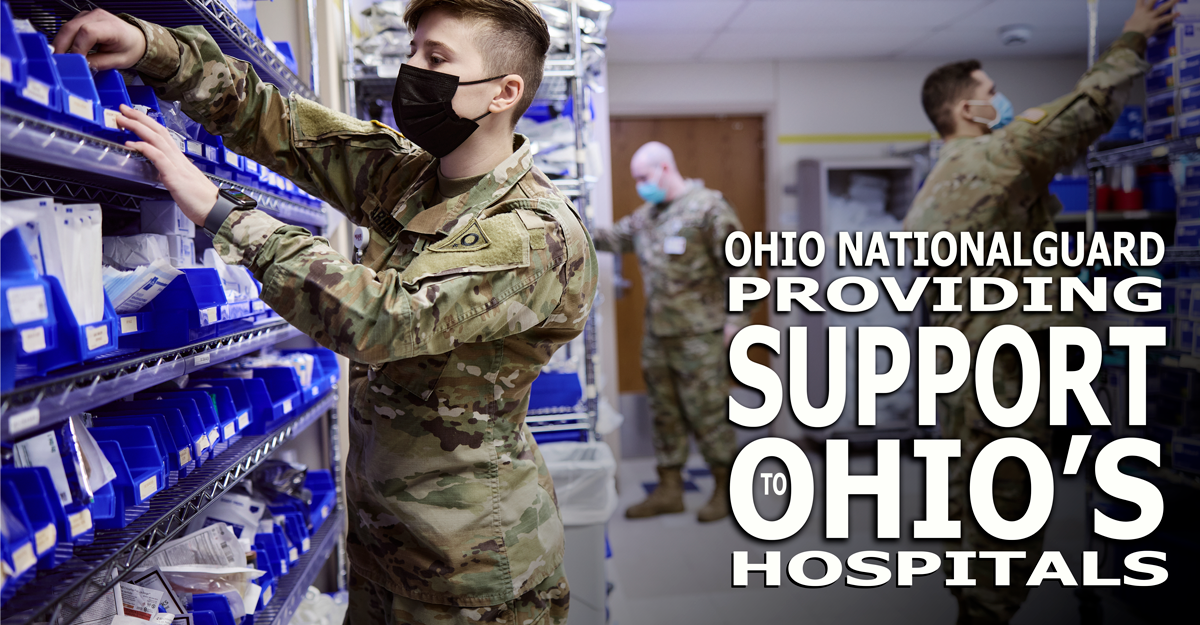 Ohio National Guard members help manage inventory to support hospital staff Dec. 29, 2021, at Mount Carmel East in Columbus, Ohio. Gov. Mike DeWine has directed the Ohio National Guard to provide medical and general support personnel to aid Ohio hospitals that are currently strained due the recent influx COVID-19 patients statewide. (Photo courtesy of Mount Carmel East)
